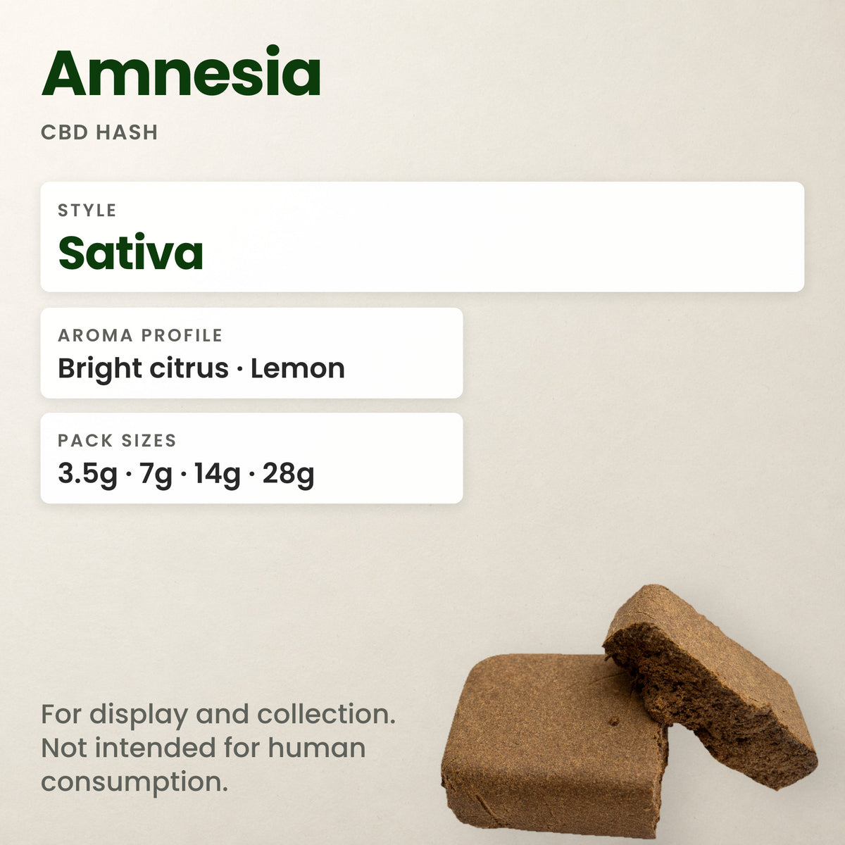 Amnesia CBD hash key facts: style, aroma and pack sizes