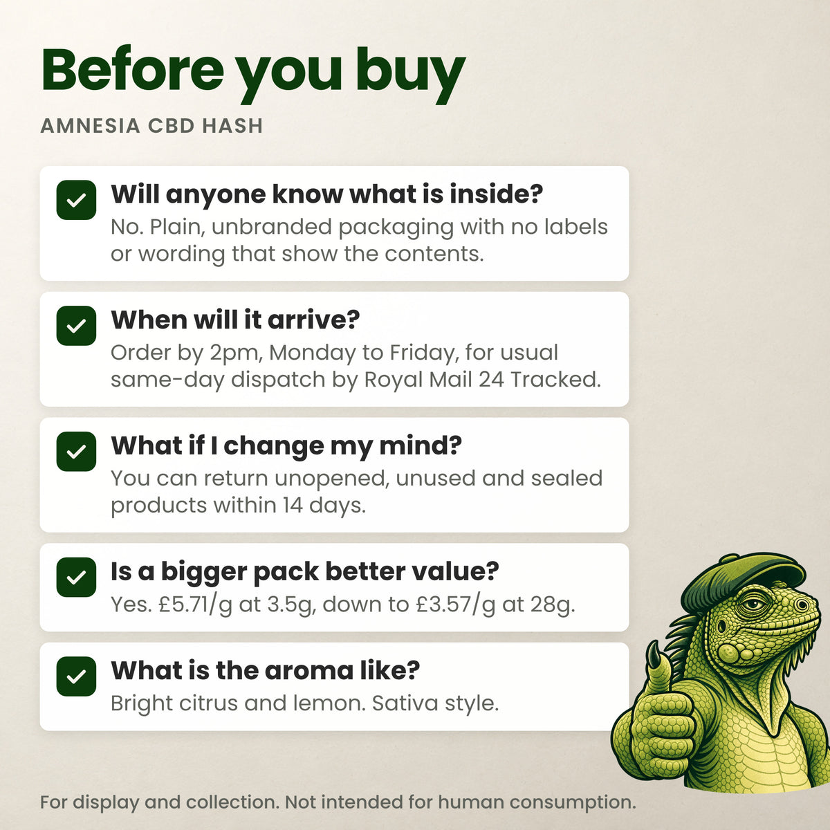 Before you buy Amnesia: discreet packaging, dispatch times, 14-day returns, price per gram and aroma