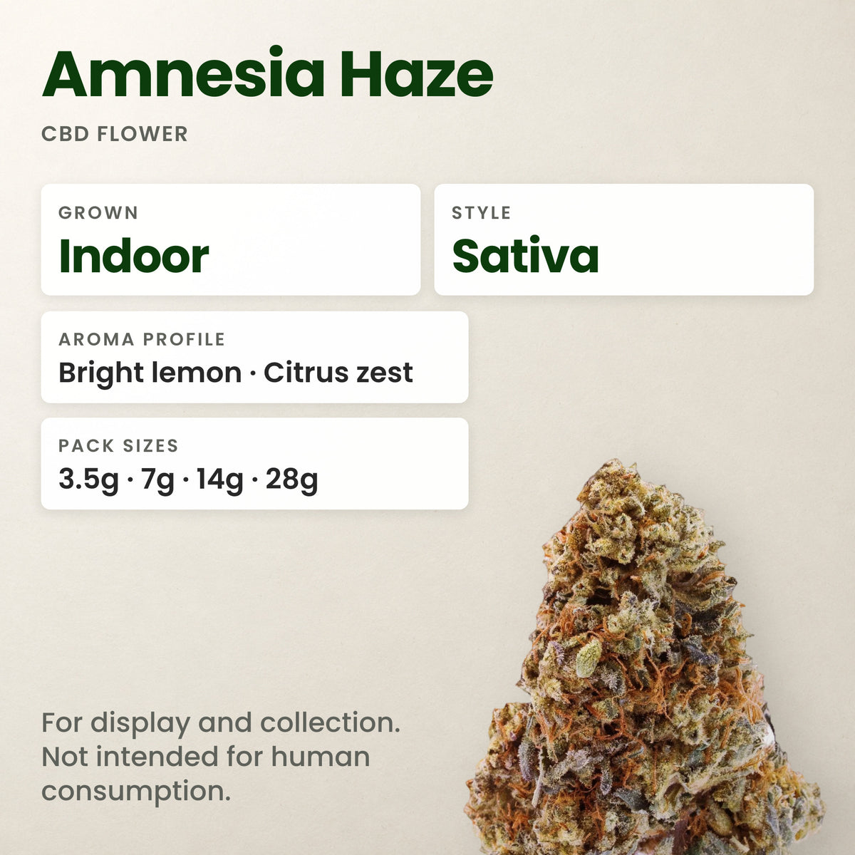 Amnesia Haze CBD flower key facts: style, aroma and pack sizes