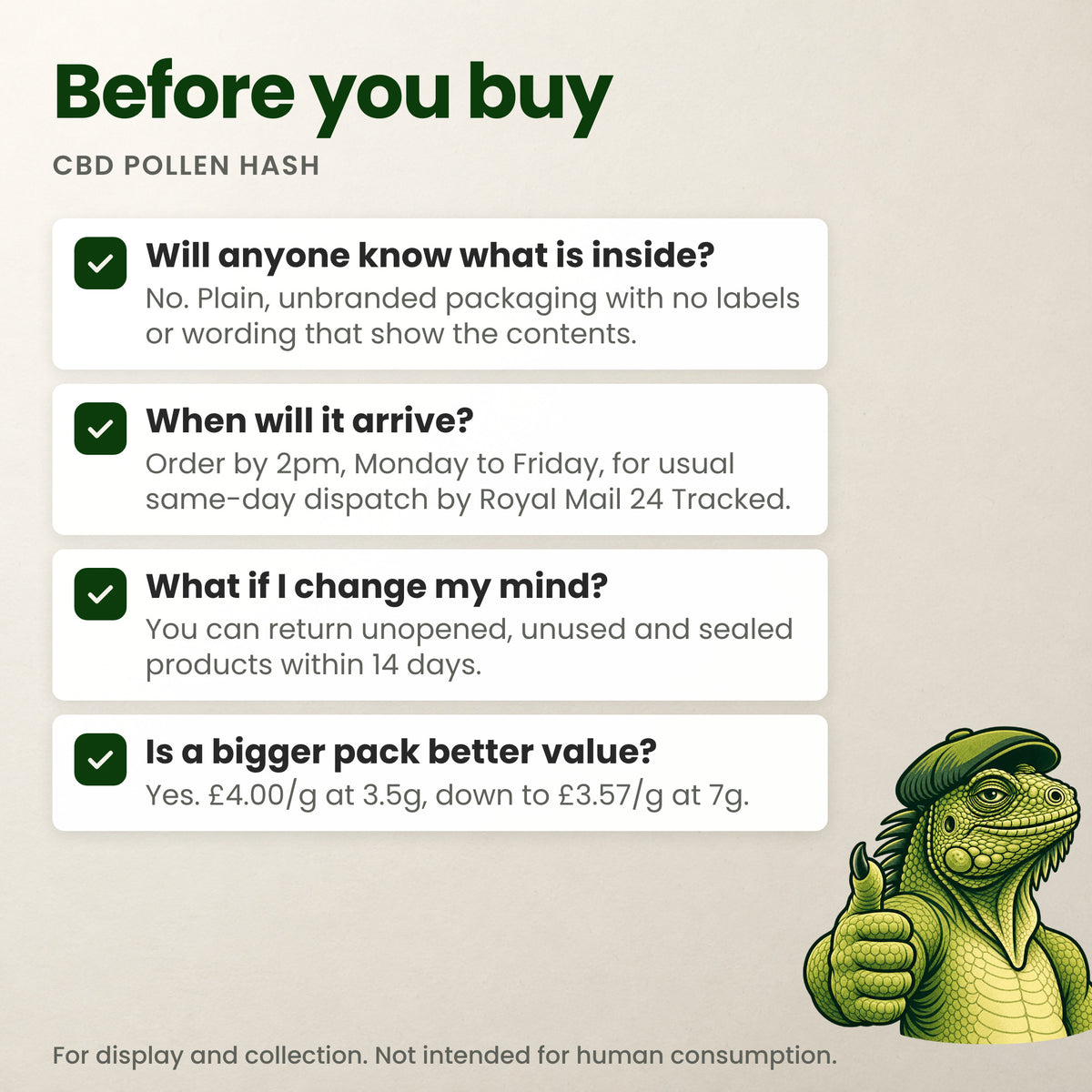 Before you buy CBD Pollen Hash UK: discreet packaging, dispatch times, 14-day returns, price per gram and aroma