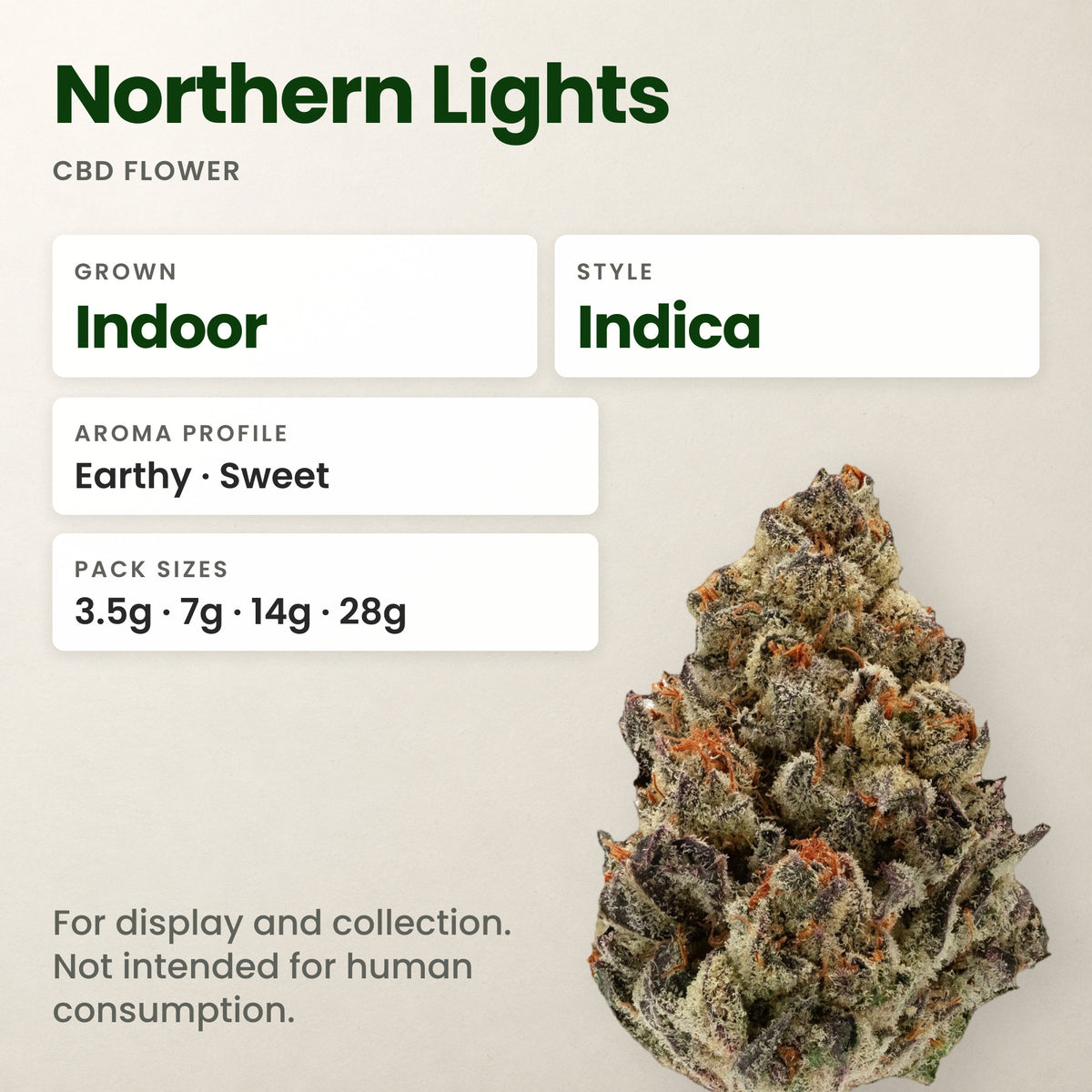 Northern Lights CBD flower key facts: style, aroma and pack sizes