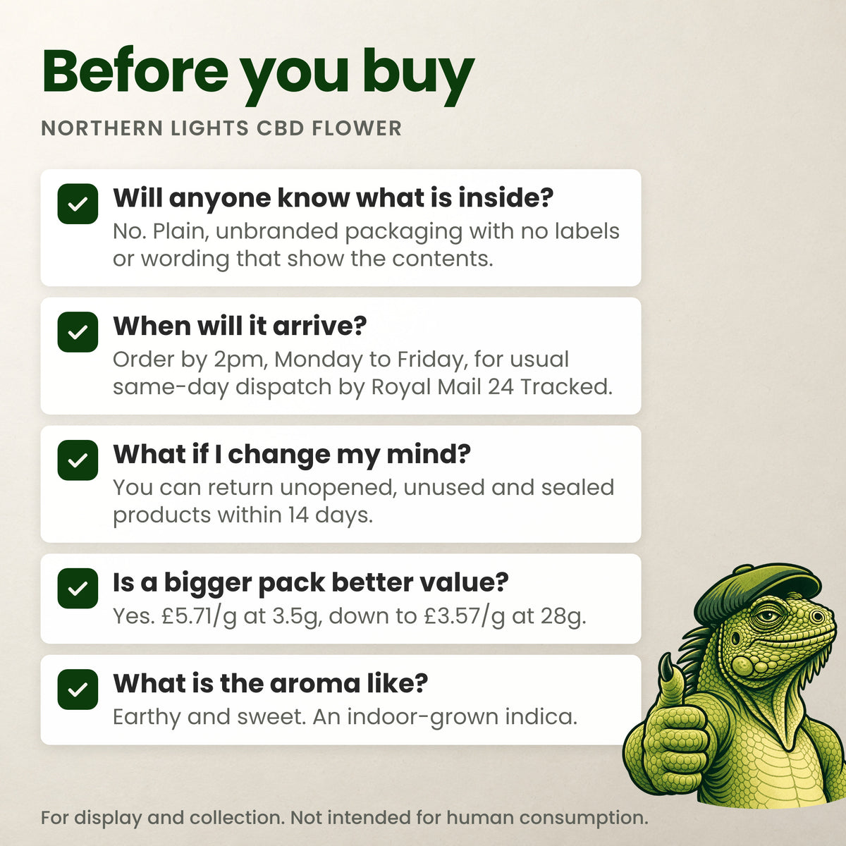 Before you buy Northern Lights: discreet packaging, dispatch times, 14-day returns, price per gram and aroma
