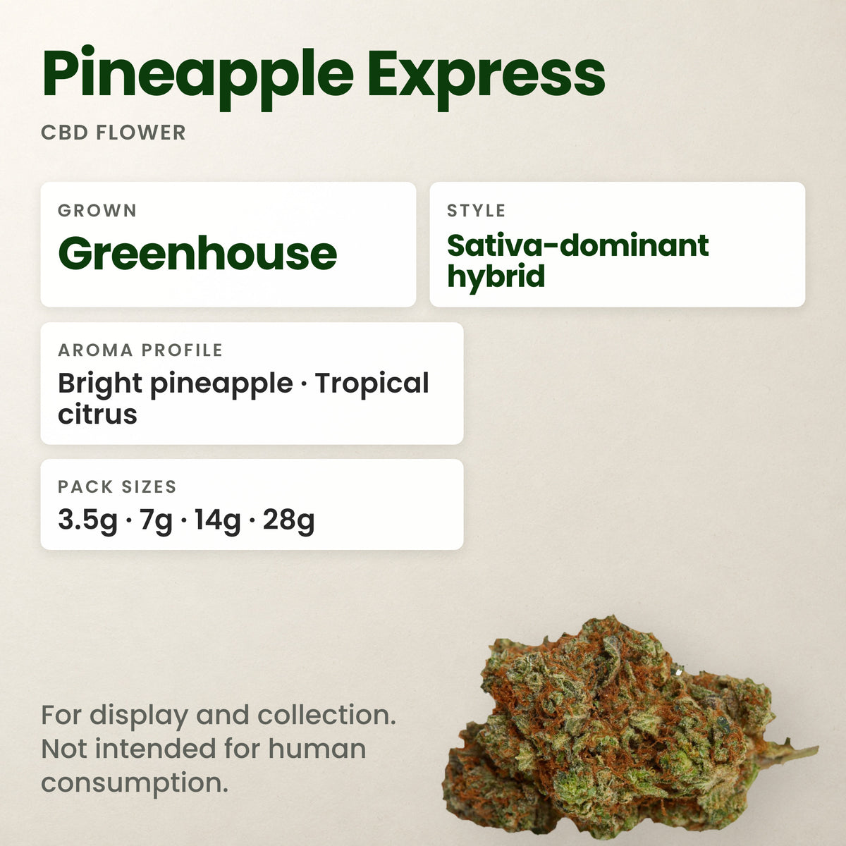 Pineapple Express CBD flower key facts: style, aroma and pack sizes