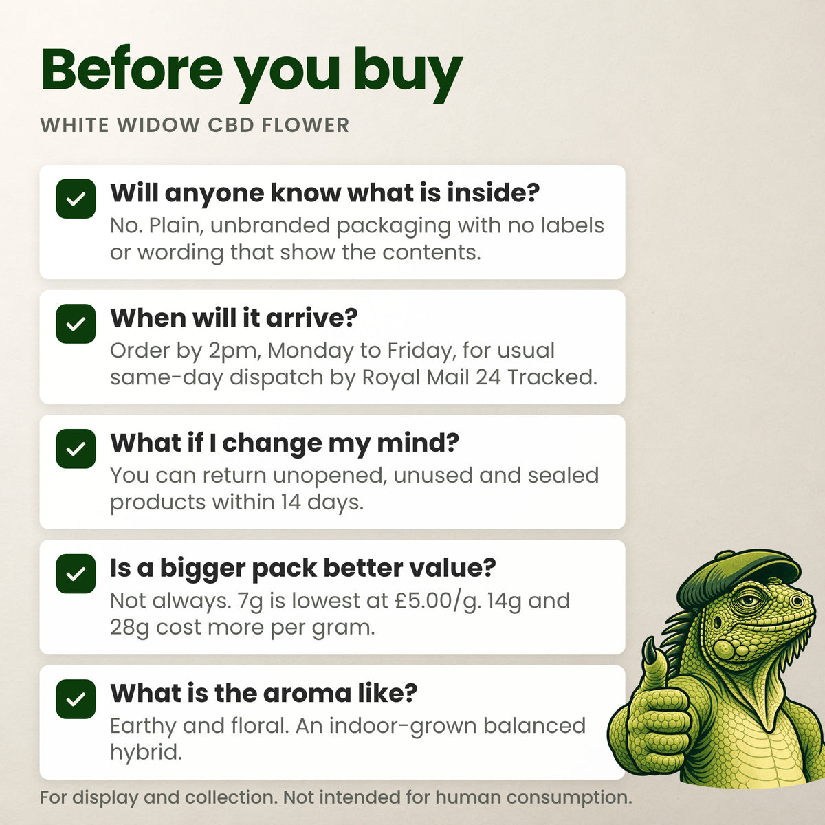 Before you buy White Widow: discreet packaging, dispatch times, 14-day returns, price per gram and aroma